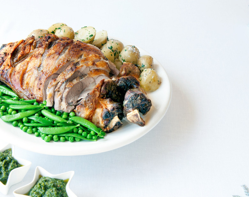 Garlic & Wine Glazed Roast Coastal Lamb With Mint Pesto